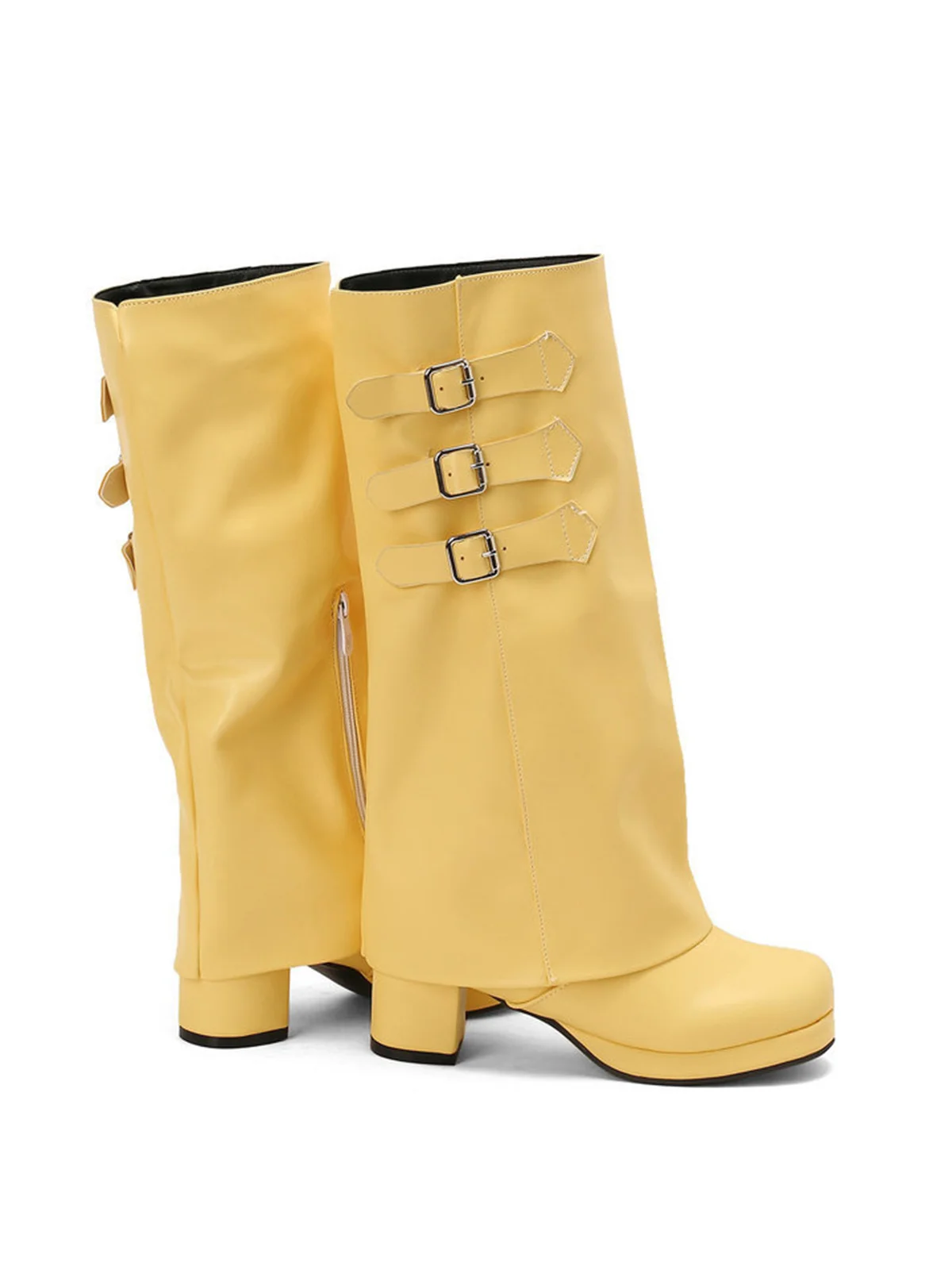 Buckle Fold Block Heel Mid-calf Boots