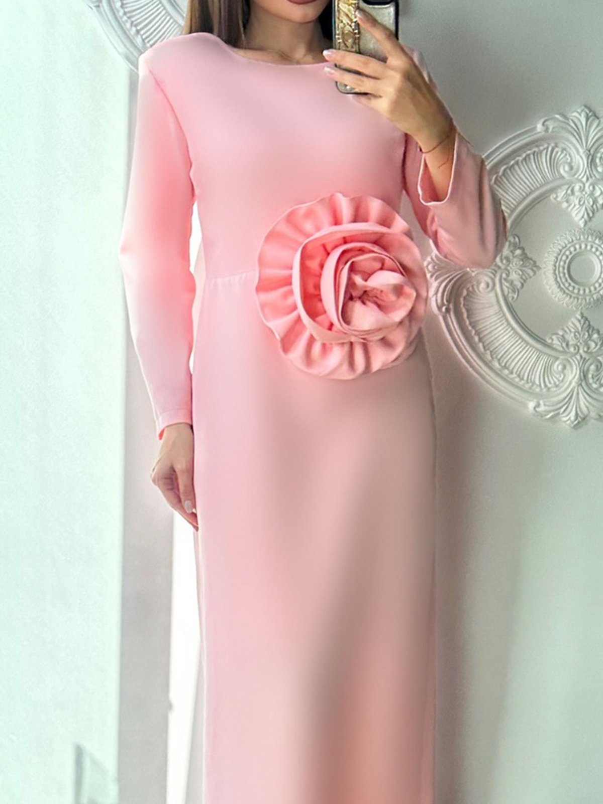 Long Sleeve Regular Fit Elegant Plain Party Maxi Dress With Brooch