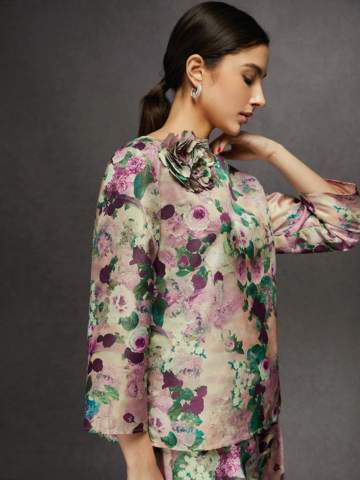 Elegant Floral Crew Neck Loose Blouse