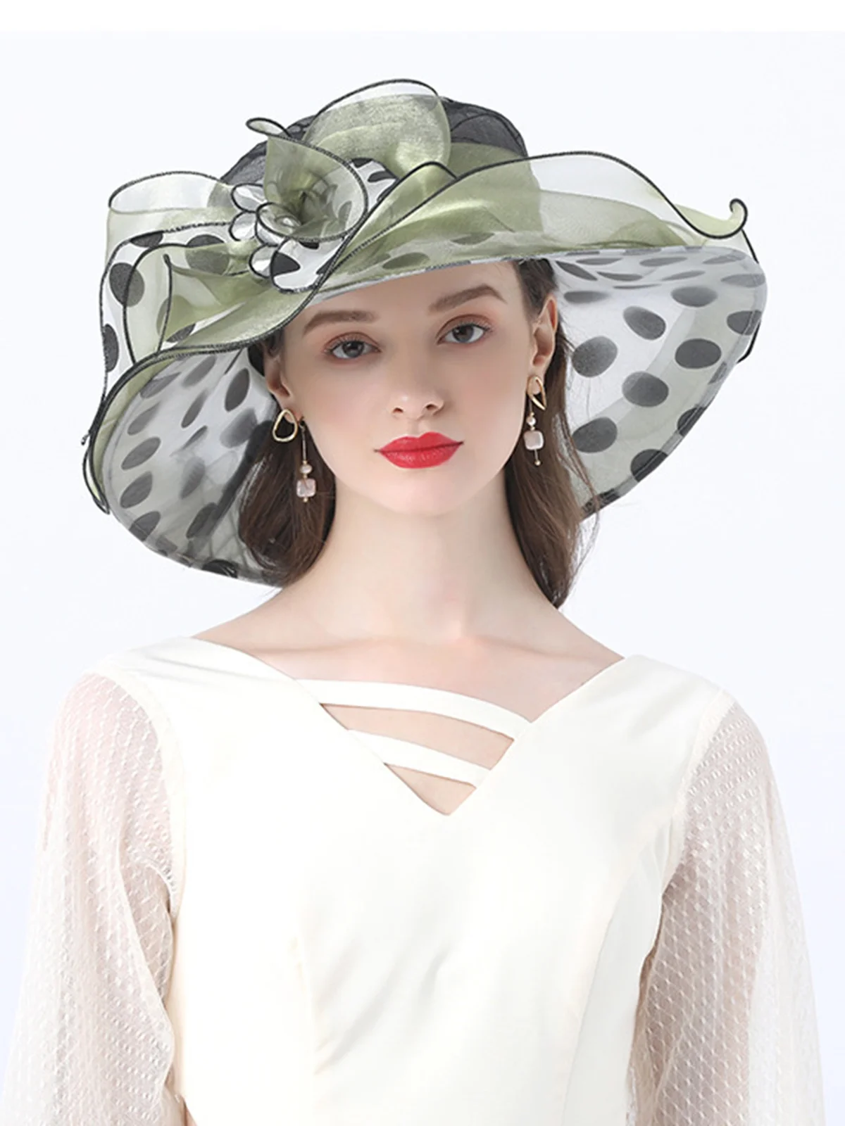 Elegant Imitation Pearl Organza Wide Brim Hats Applique Wedding Party Hat