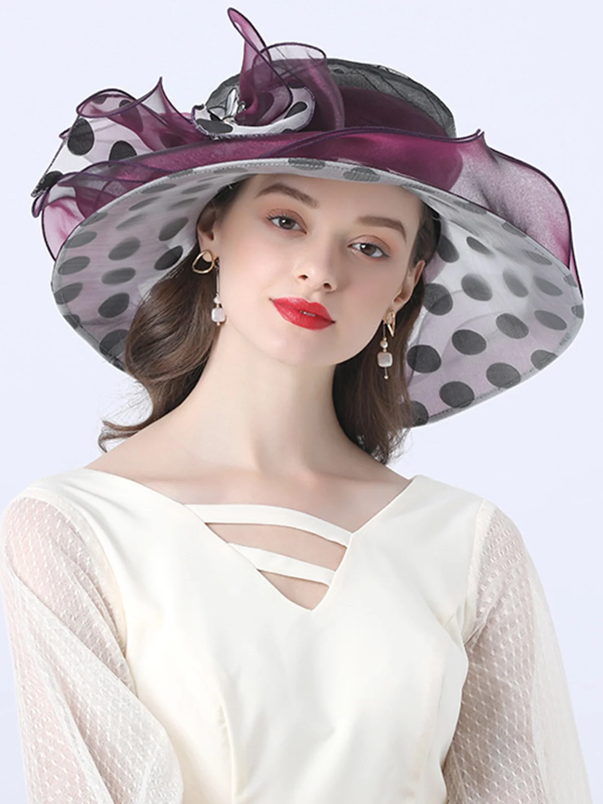 Elegant Imitation Pearl Organza Wide Brim Hats Applique Wedding Party Hat