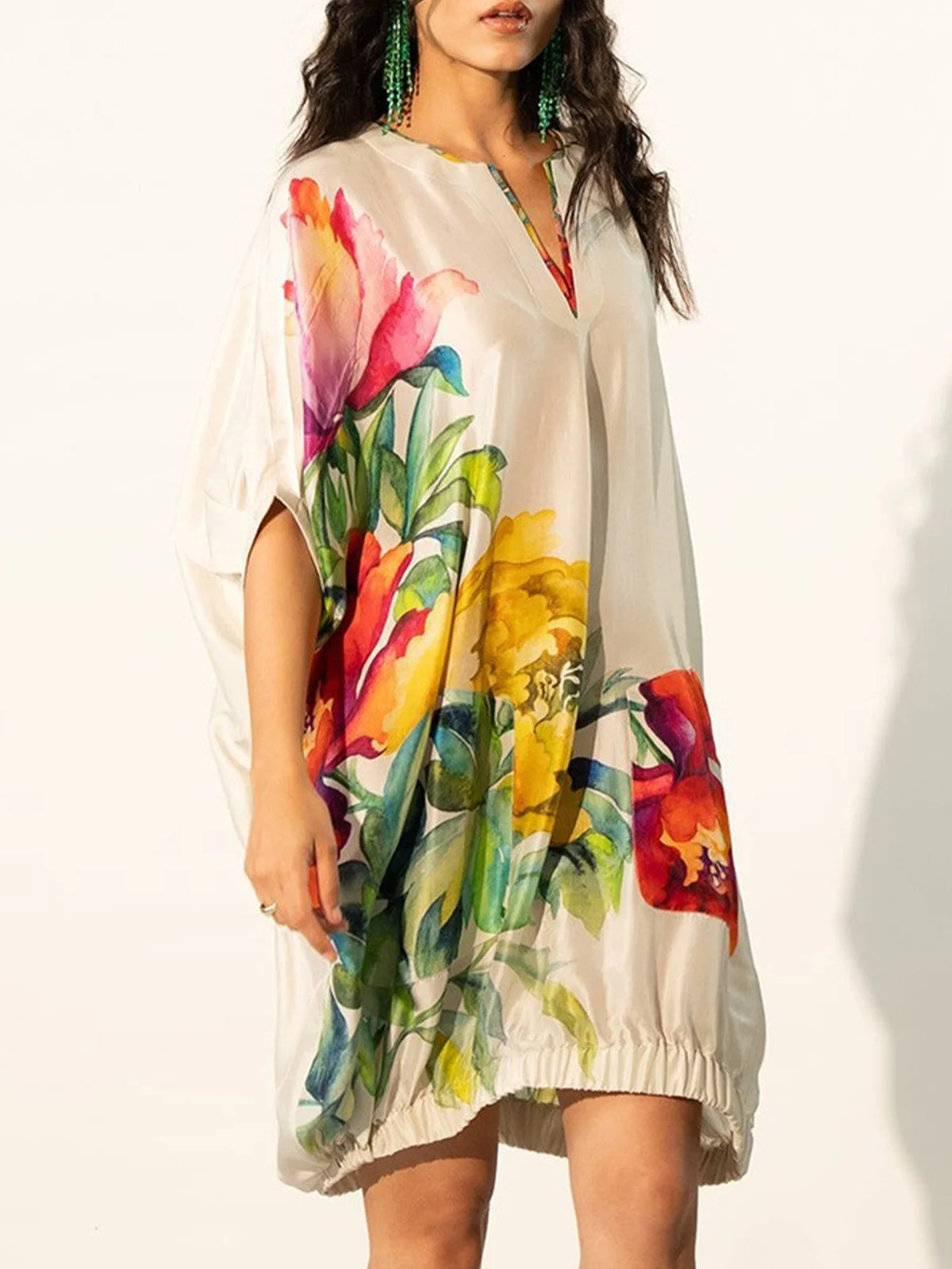 Plus Size Floral V Neck Vacation Half Sleeve Loose Dress