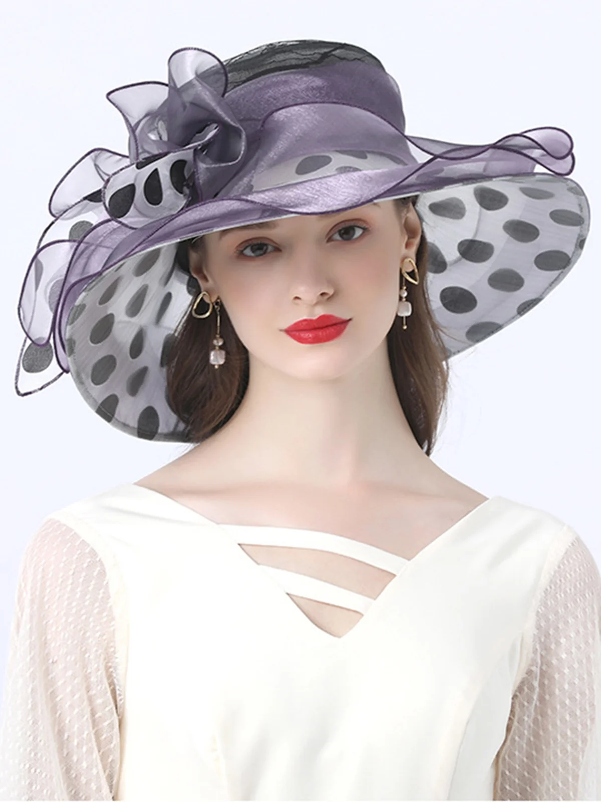 Elegant Imitation Pearl Organza Wide Brim Hats Applique Wedding Party Hat