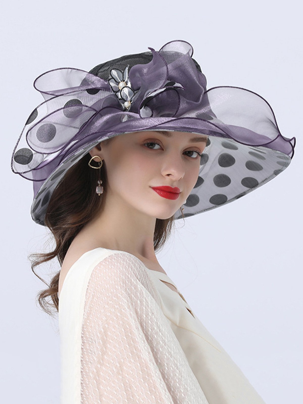 Elegant Imitation Pearl Organza Wide Brim Hats Applique Wedding Party Hat