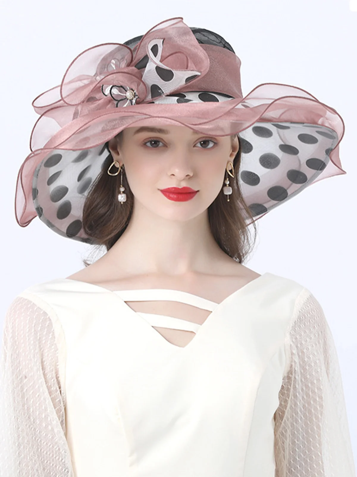 Elegant Imitation Pearl Organza Wide Brim Hats Applique Wedding Party Hat