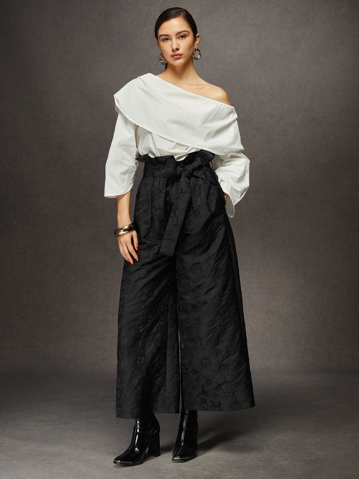 Urban Jacquard Belted Wide Leg Pants