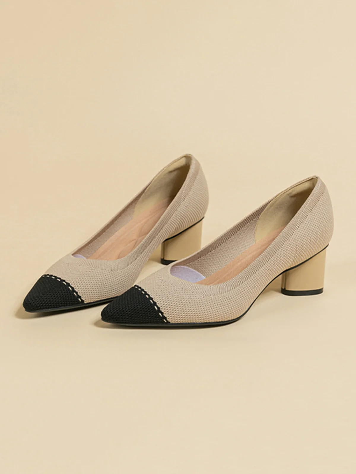 Breathable Mesh Fabric Block Heel Shallow Pumps