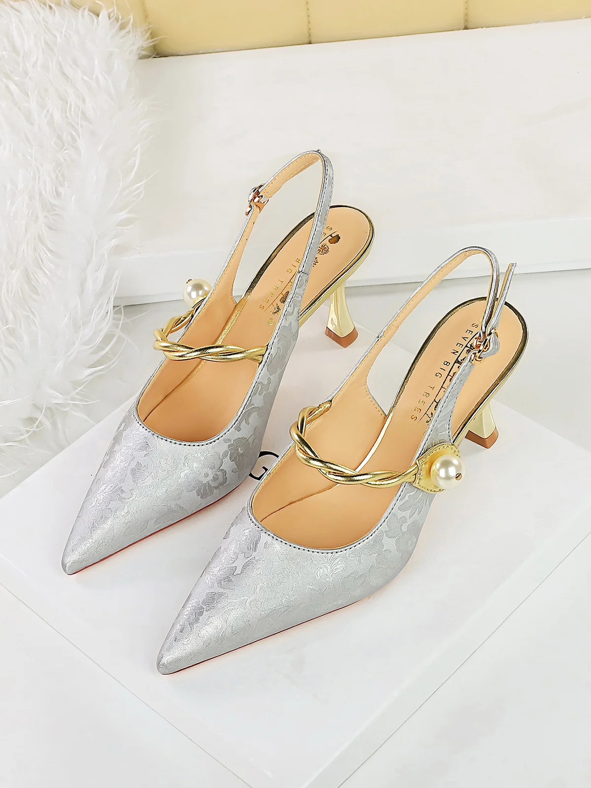 Elegant Faux Pearl Floral Satin Mary Jane Pumps