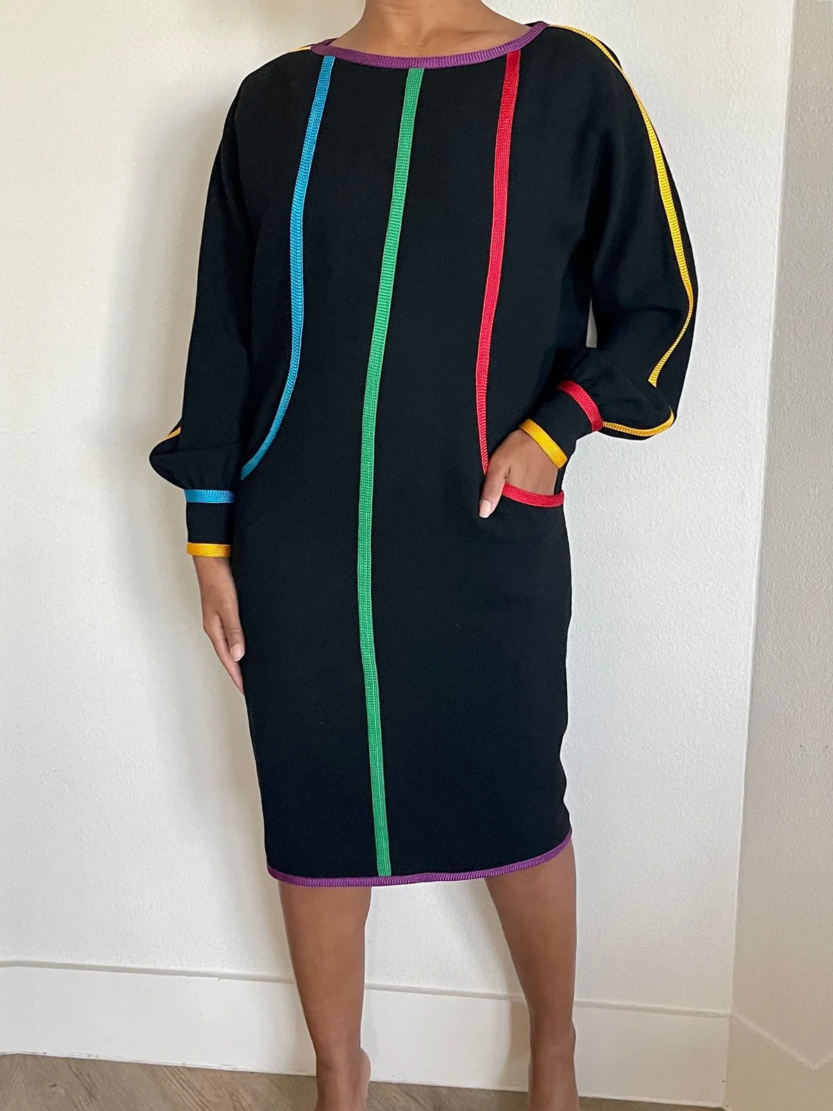 Loose Color Block Urban Raglan Sleeves Crew Neck Long Sleeve Loose Midi Dress