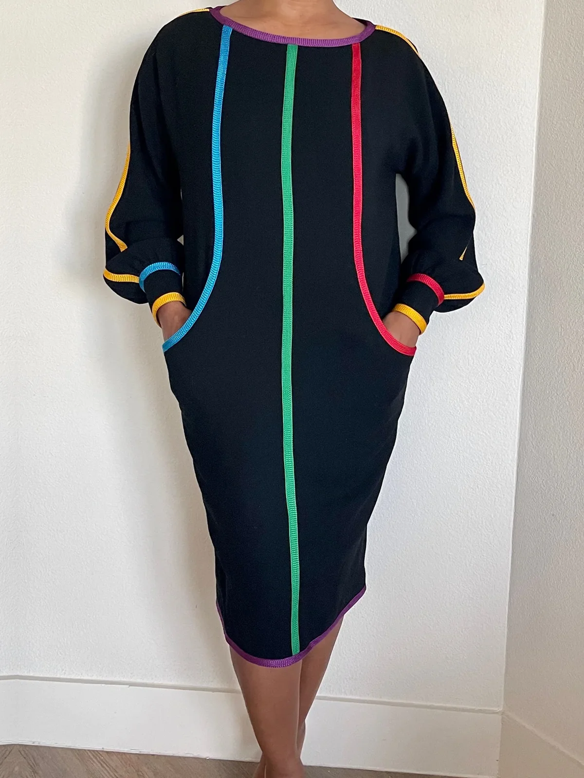 Loose Color Block Urban Raglan Sleeves Crew Neck Long Sleeve Loose Midi Dress