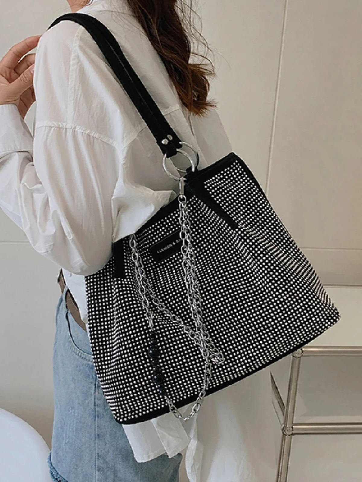 Glamorous Large Capacity Rhinestone Decor Shoulder Tote Bag