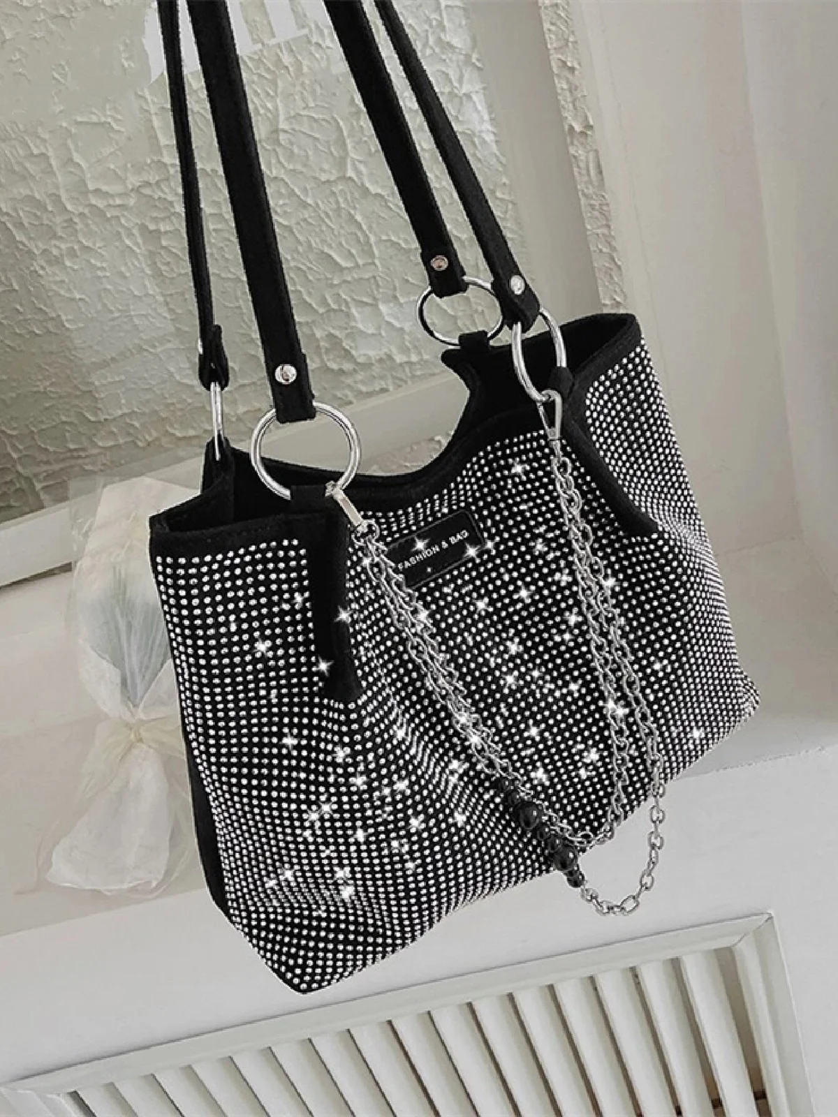 Glamorous Large Capacity Rhinestone Decor Shoulder Tote Bag