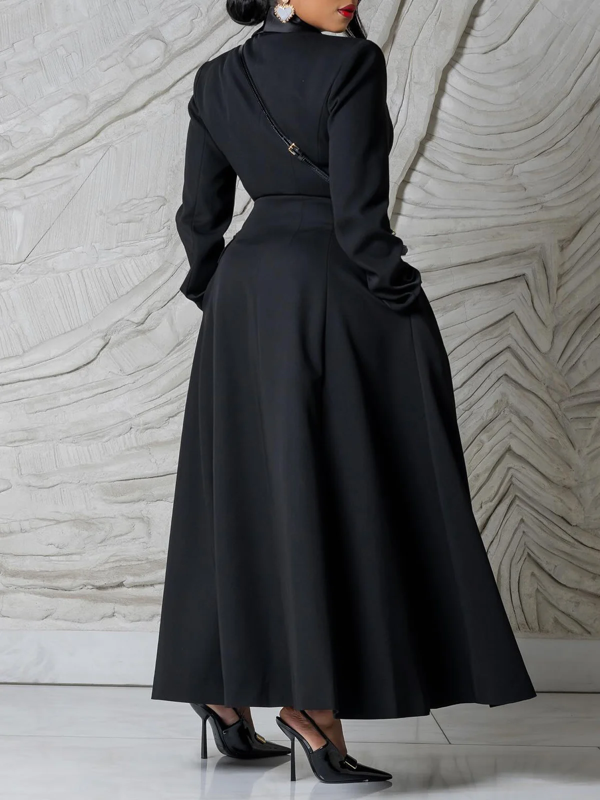 Urban Buttoned Plain Lapel Collar Pockets Maxi Dress