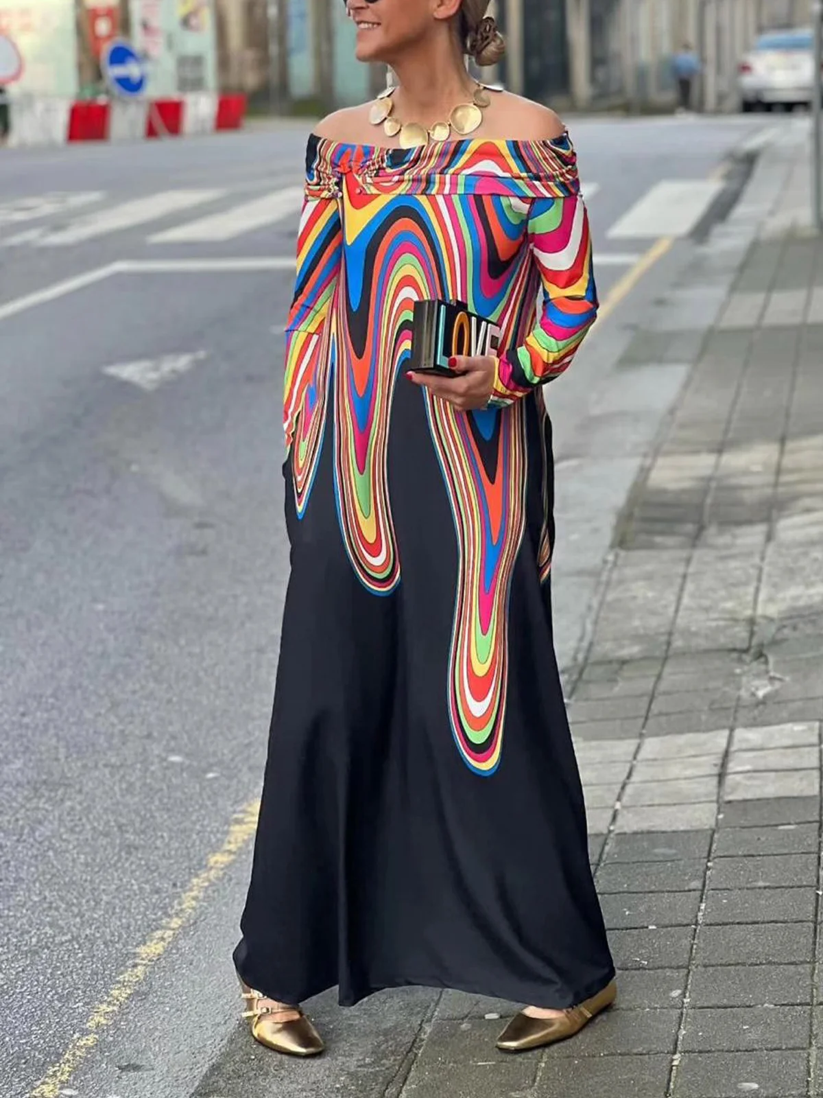 Off Shoulder Sleeve Random Print Loose Casual Maxi Dress