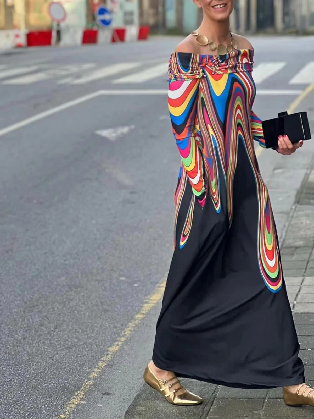 Off Shoulder Sleeve Random Print Loose Casual Maxi Dress