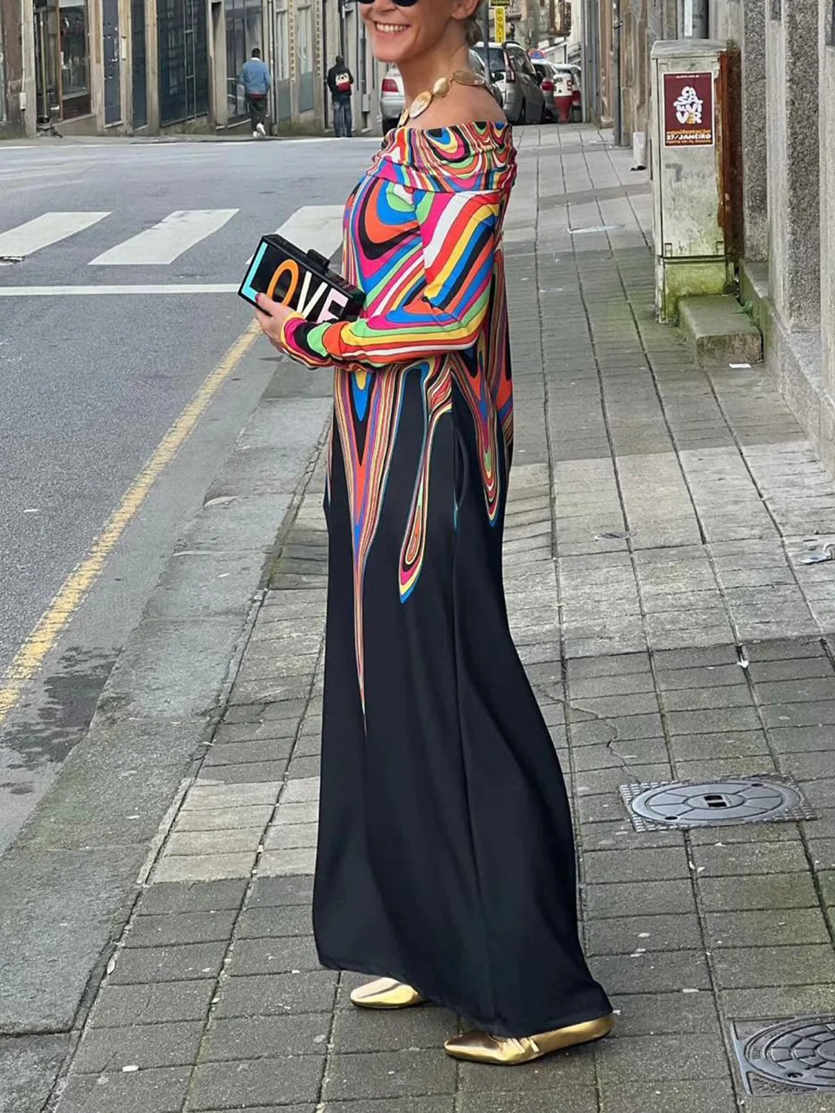 Off Shoulder Sleeve Random Print Loose Casual Maxi Dress