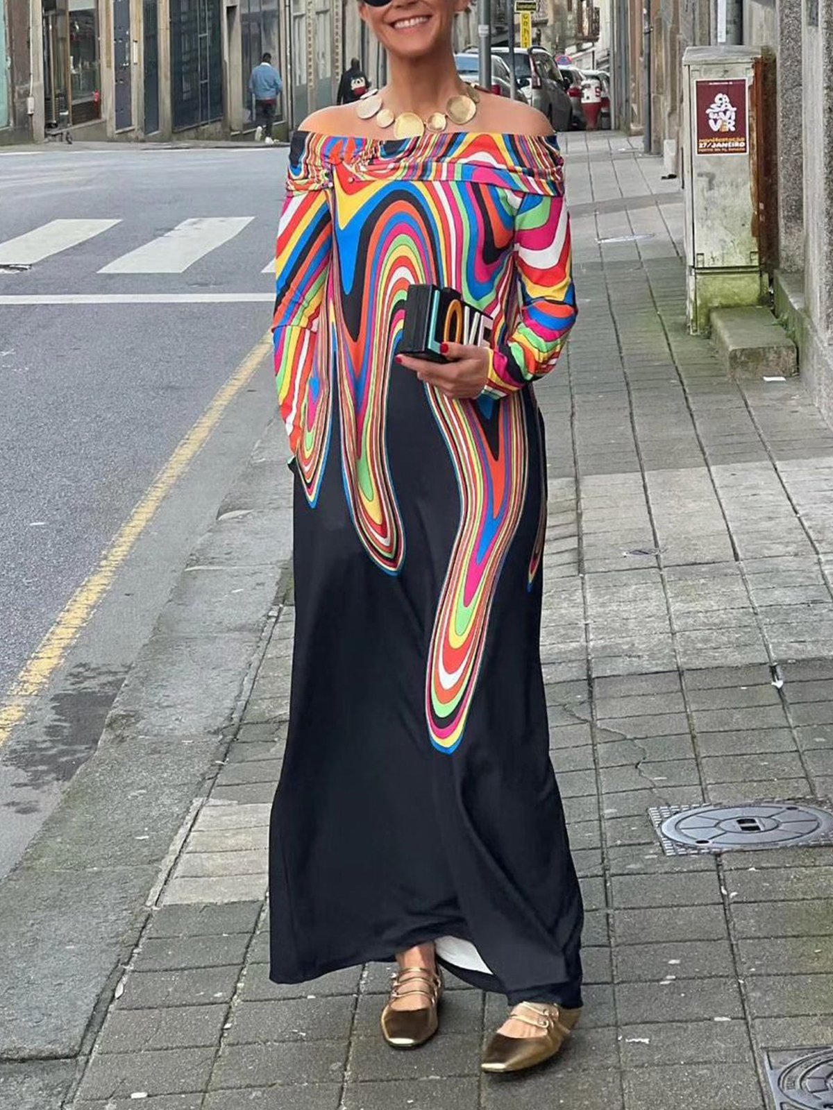 Off Shoulder Sleeve Random Print Loose Casual Maxi Dress