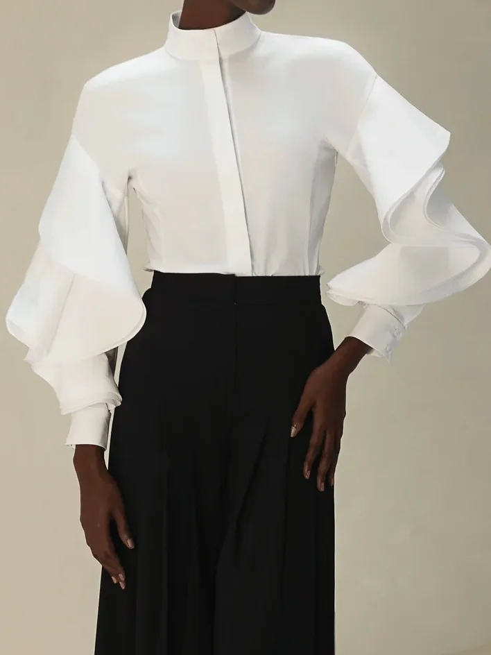 Ruffle Sleeve Elegant Mock Neck Shirt