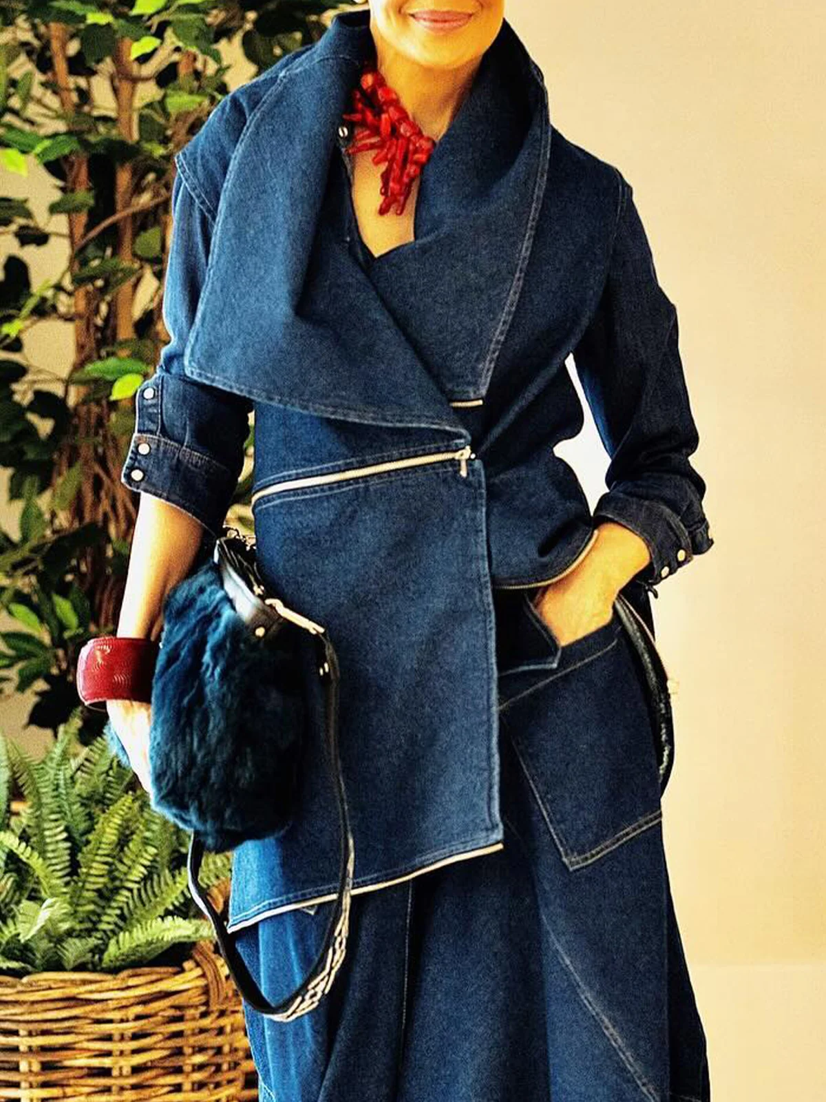 Shawl Collar Regular Fit Zipper Casual Denim Coat