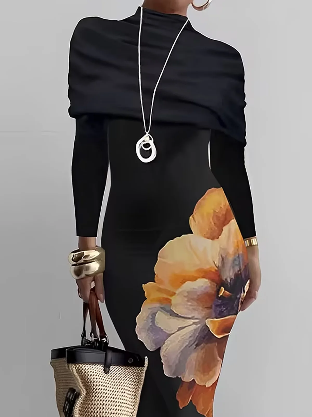 Elegant Floral Tight Long Sleeve Midi Dress