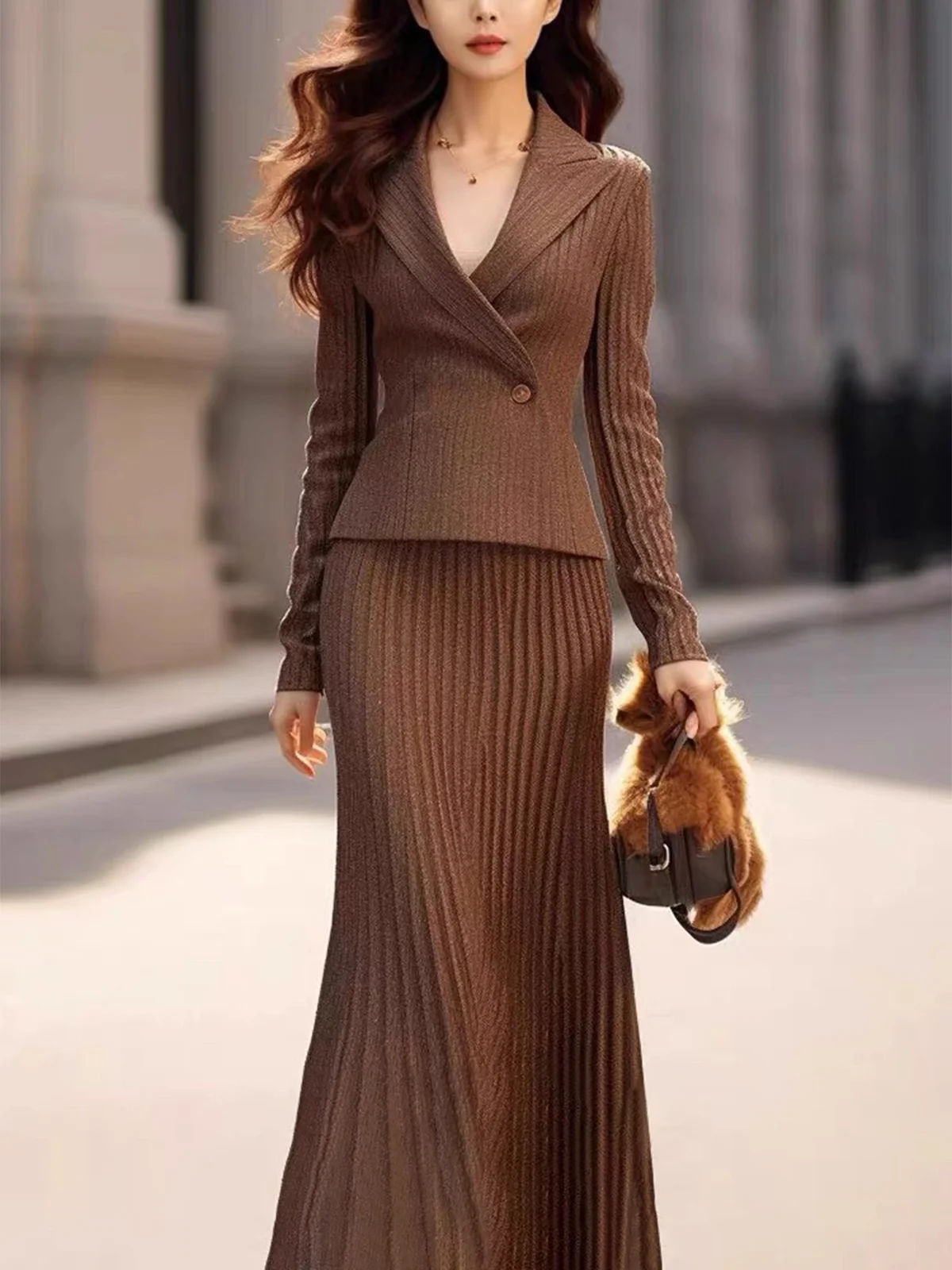 Elegant High Waist Pleated Knit Maxi Skirt