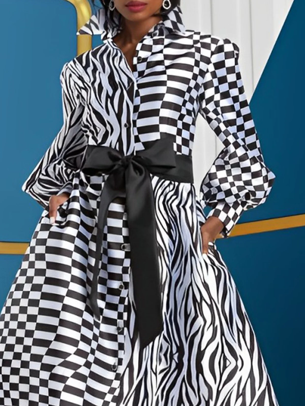 Balloon Sleeve Urban Geometric Shirt Dress With Belt