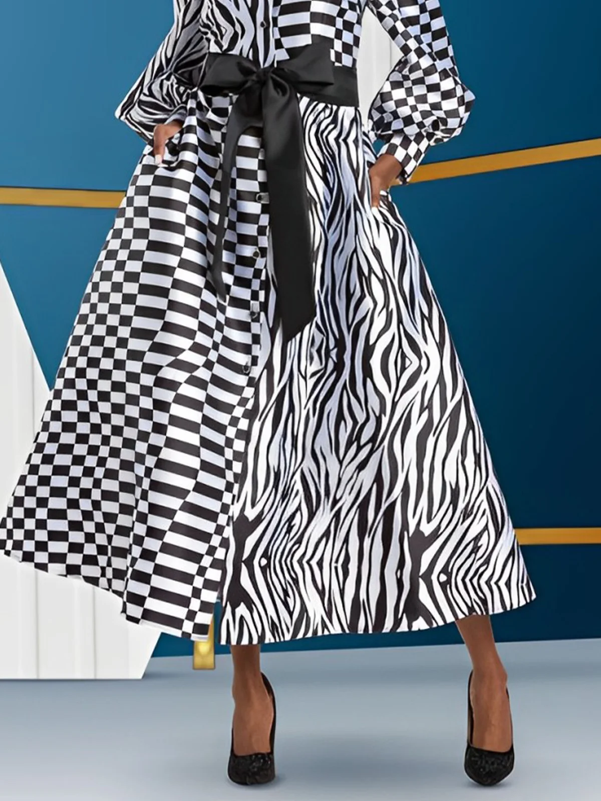 Balloon Sleeve Urban Geometric Shirt Dress With Belt