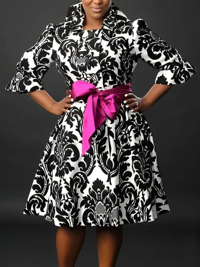 Plus Size Urban Ethnic Regular Sleeve Dress With Belt