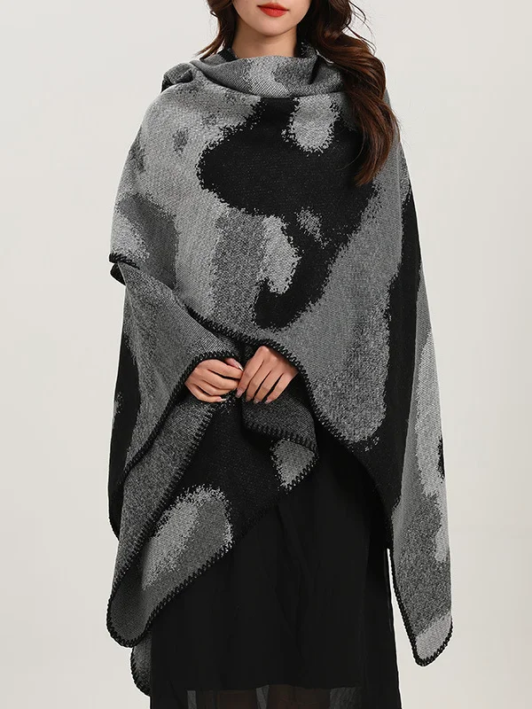 Elegant Plaid Contrasting Loose Buttoned Commuting Shawl