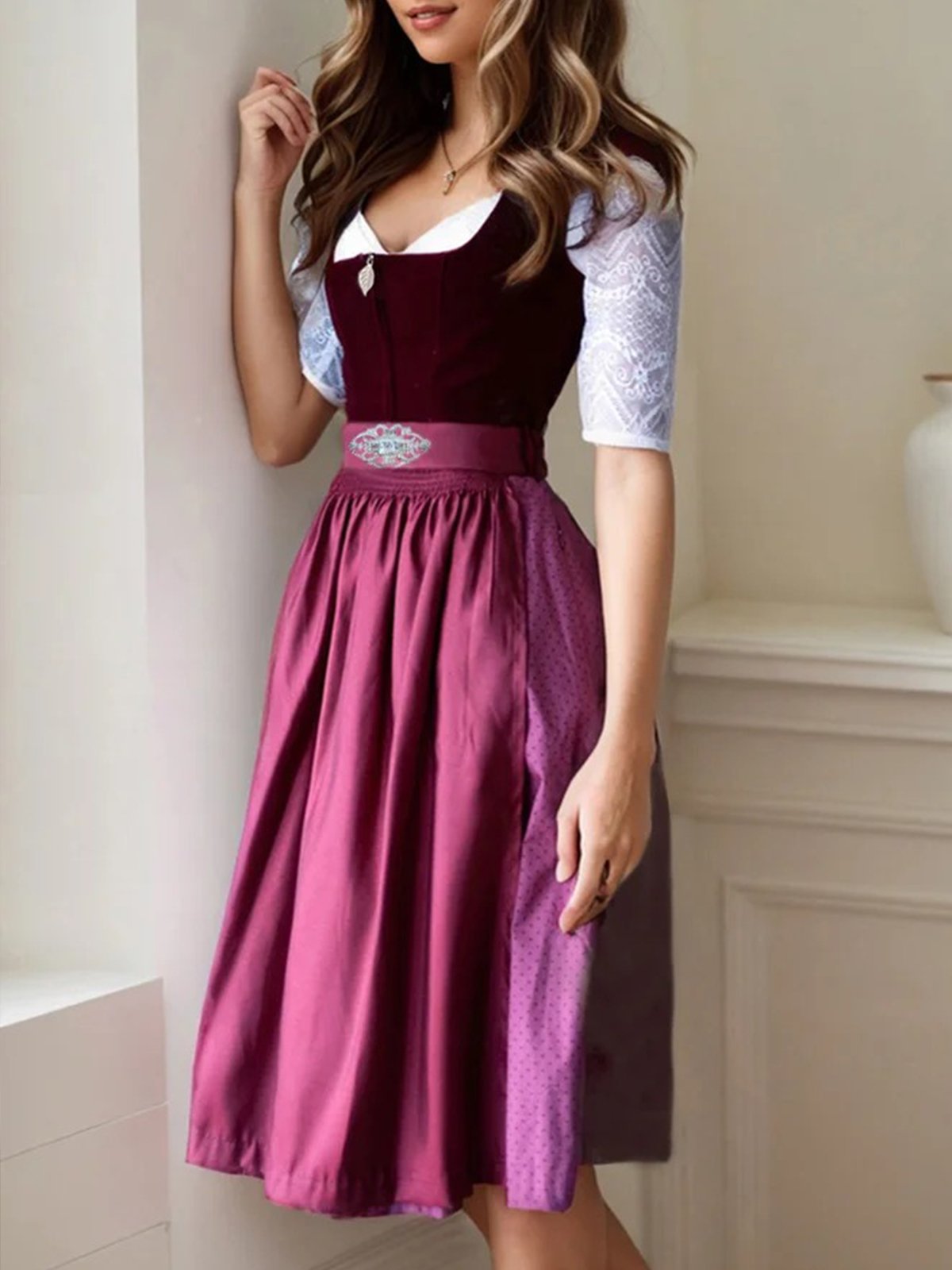 Elegant Velvet Polka Dots Dirndl Dress Three Piece