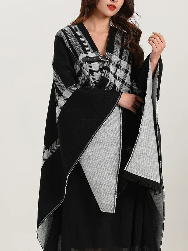 Elegant Plaid Contrasting Loose Buttoned Commuting Shawl