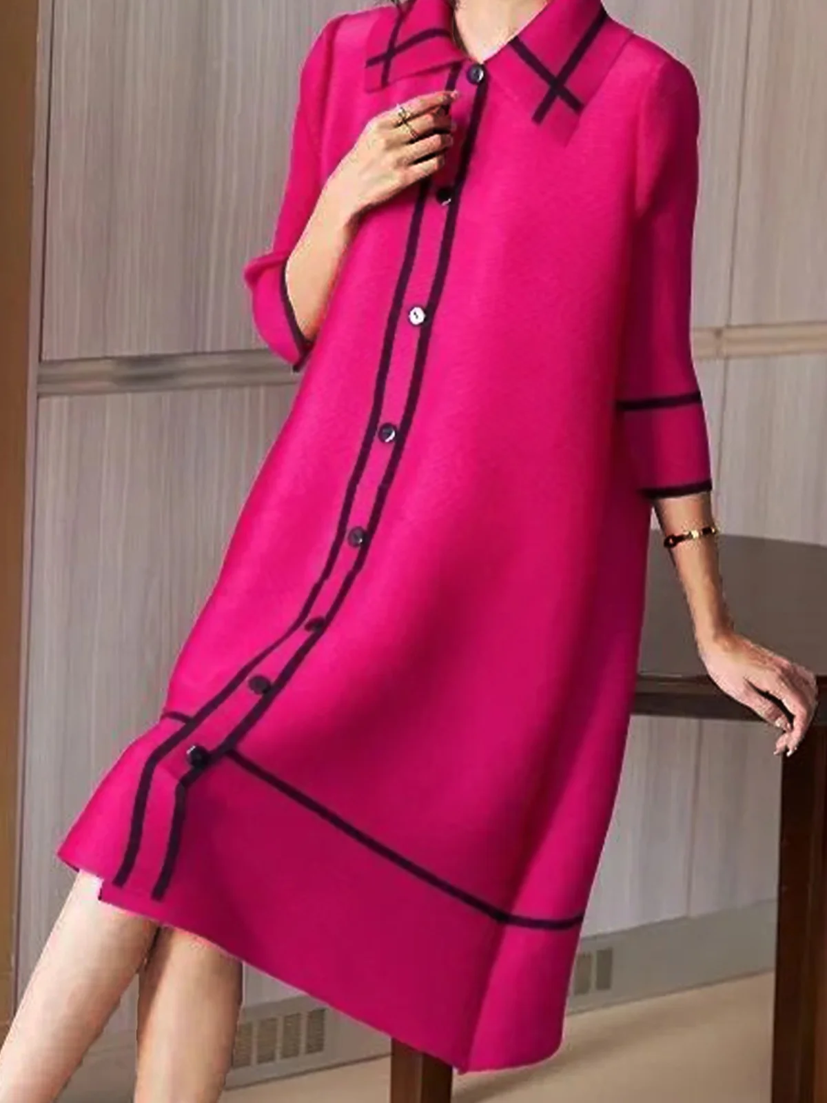 Regular Size Elegant Three Quarter Sleeve Shirt Dress