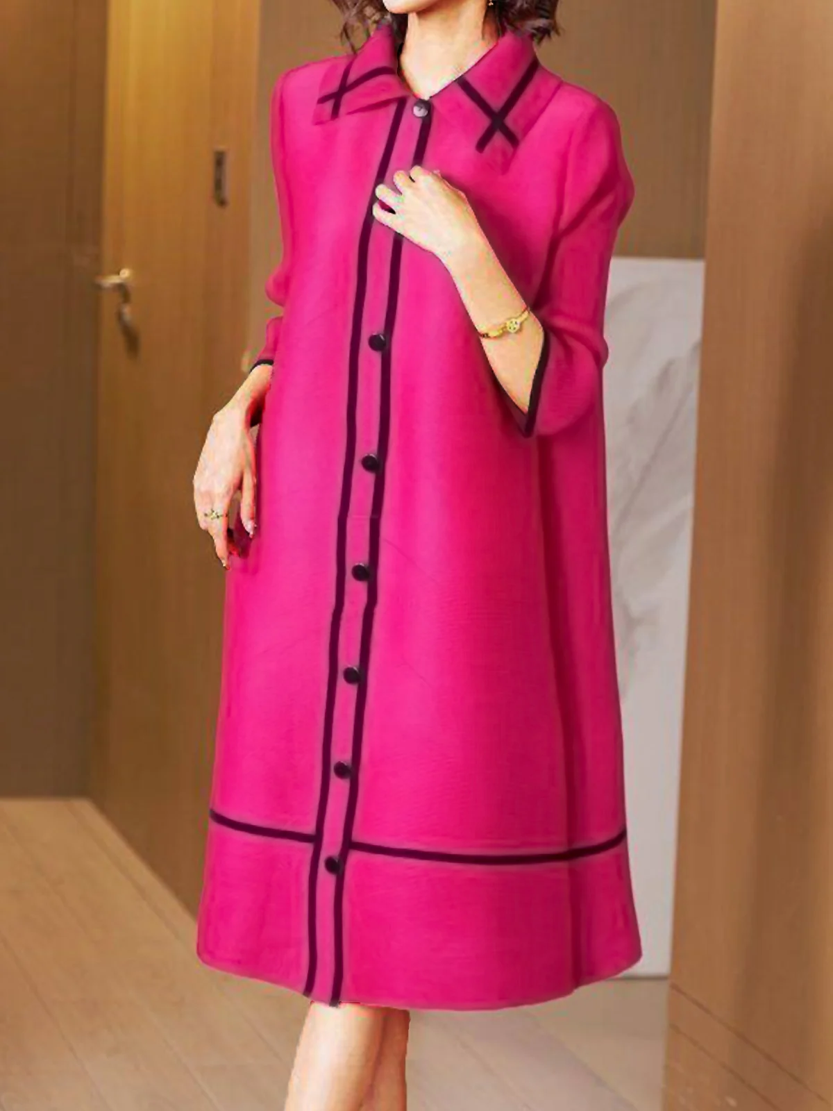 Regular Size Elegant Three Quarter Sleeve Shirt Dress