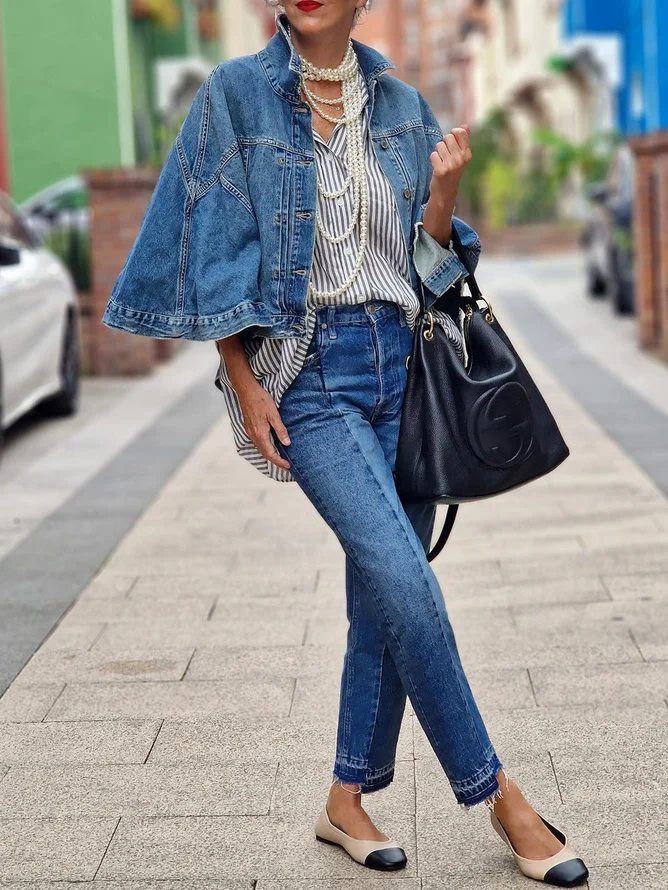 Plus Size Casual Dolman Sleeve Denim Coat