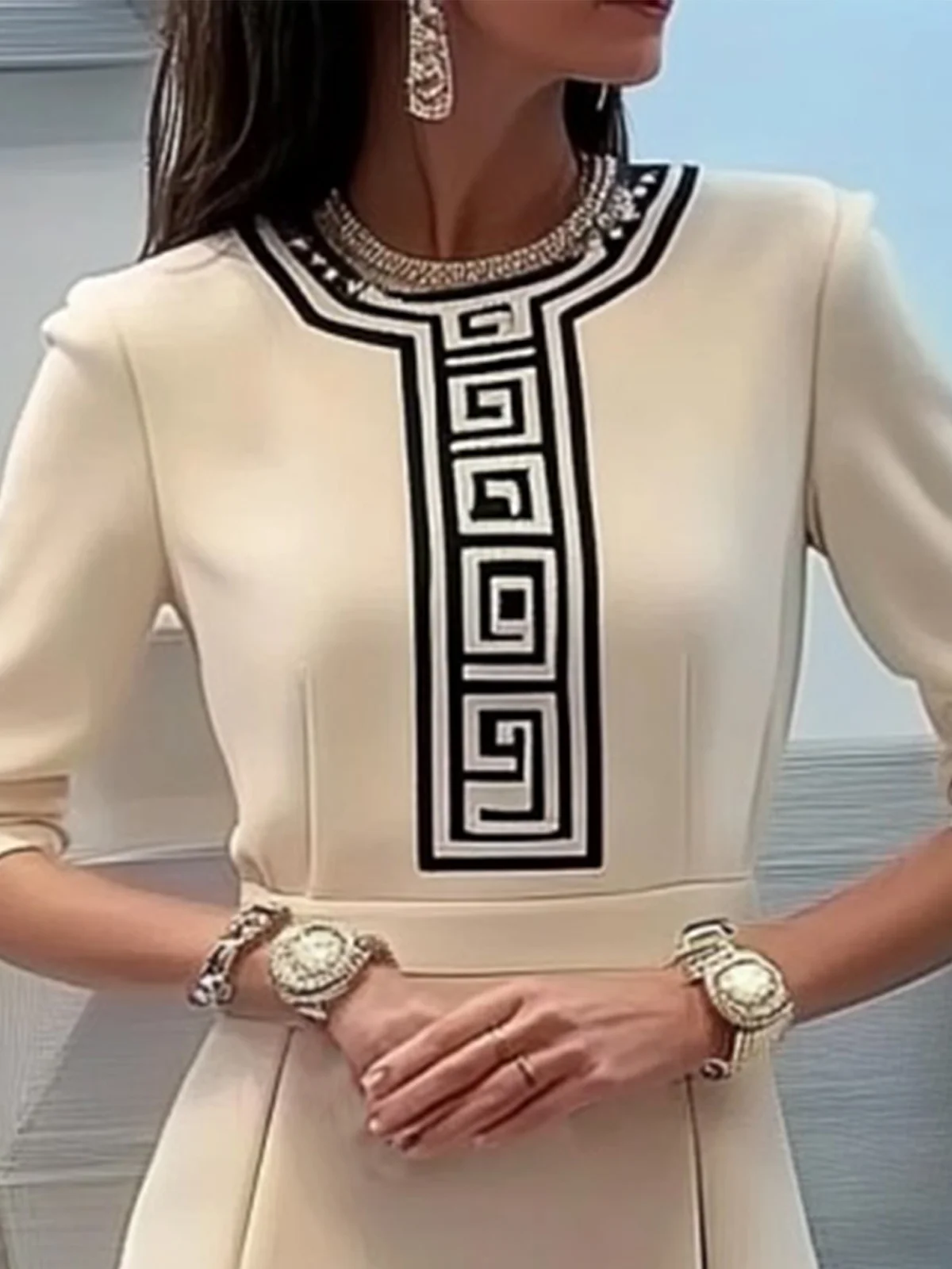 Elegant Three Quarter Sleeve Geometric Mini Dress