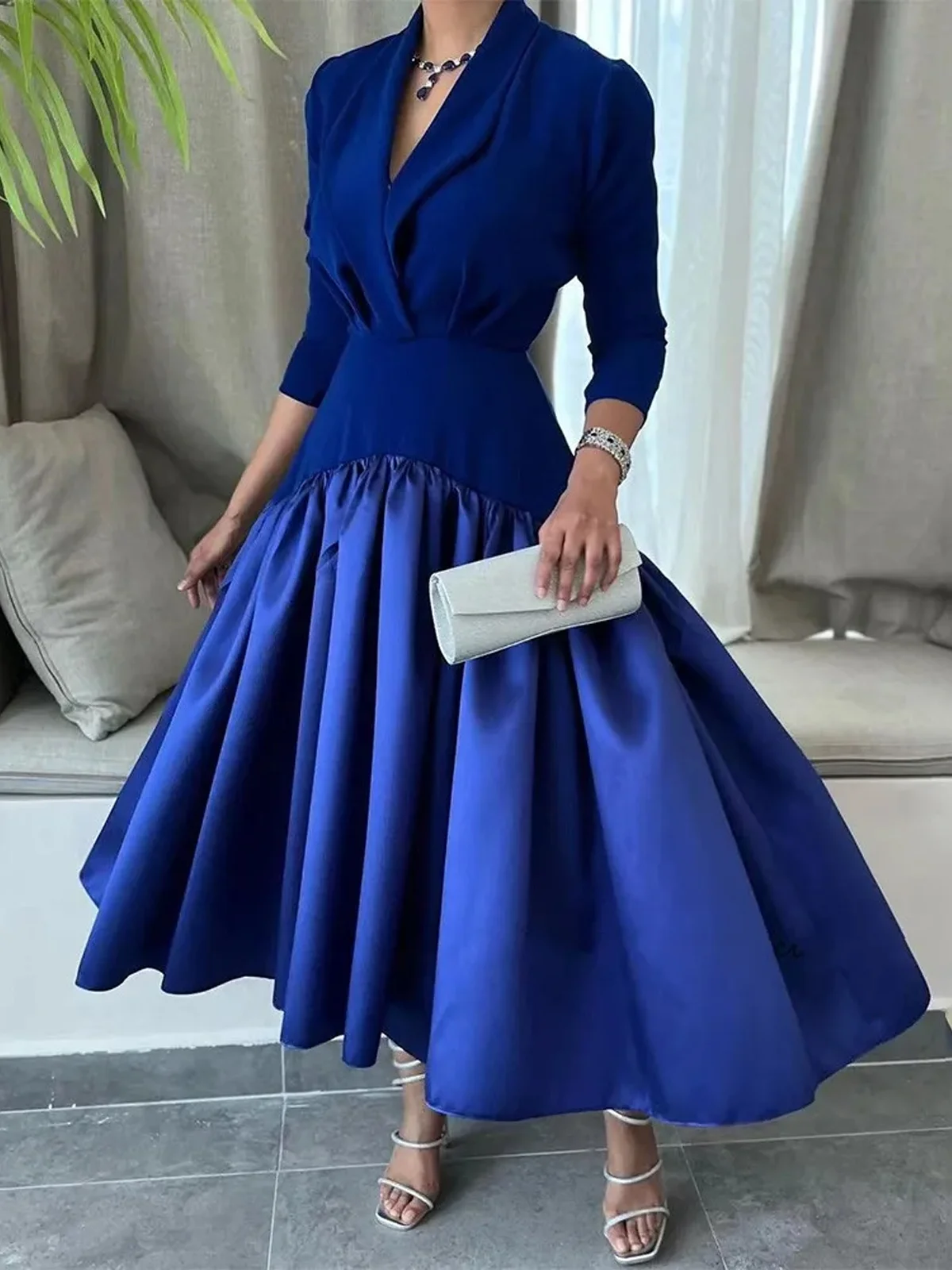 Elegant Split Joint Shawl Collar Regular Fit Party Midi Dress