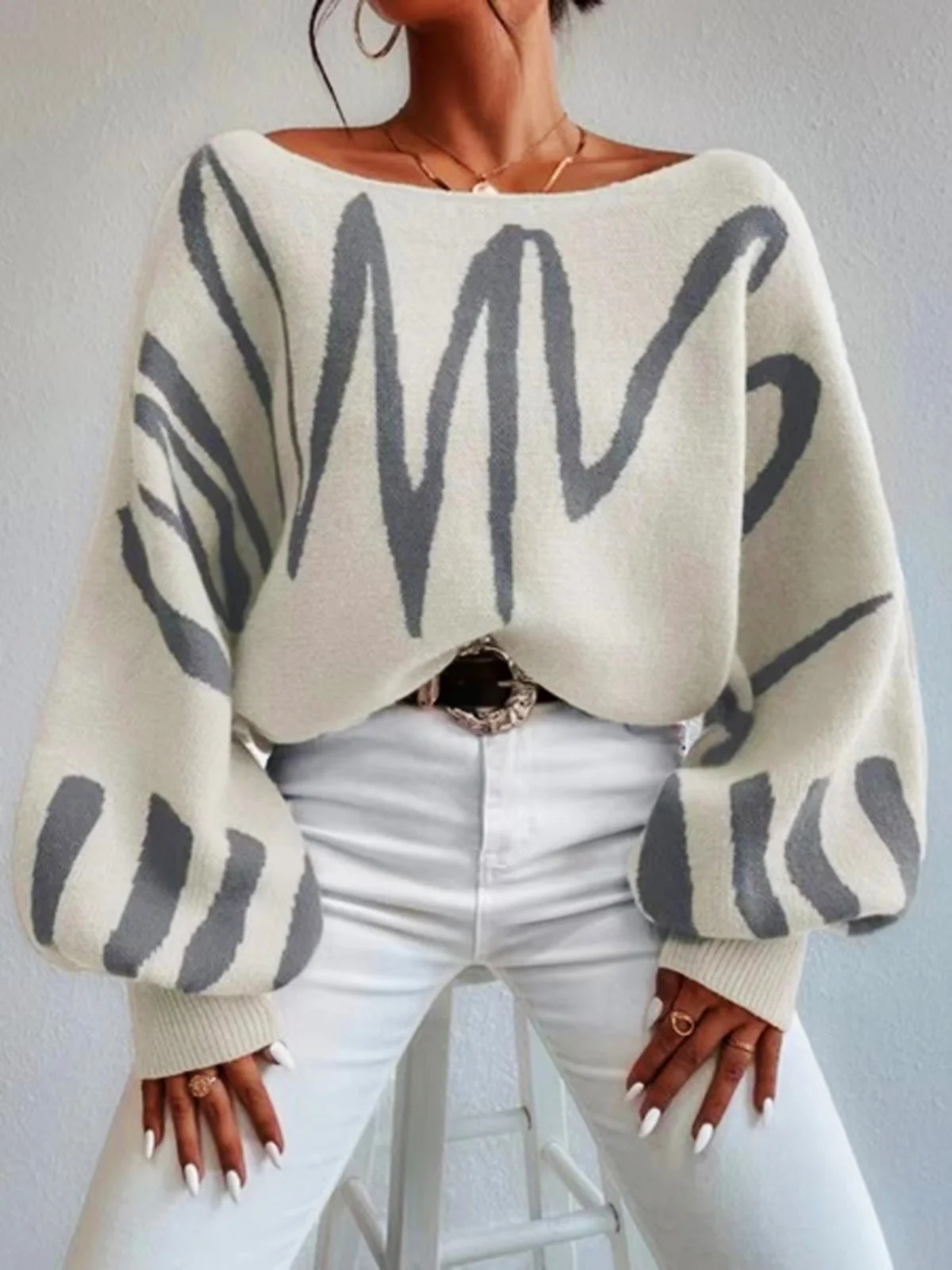 Abstract Stripes Balloon Sleeve Boat Neck Urban Sweater