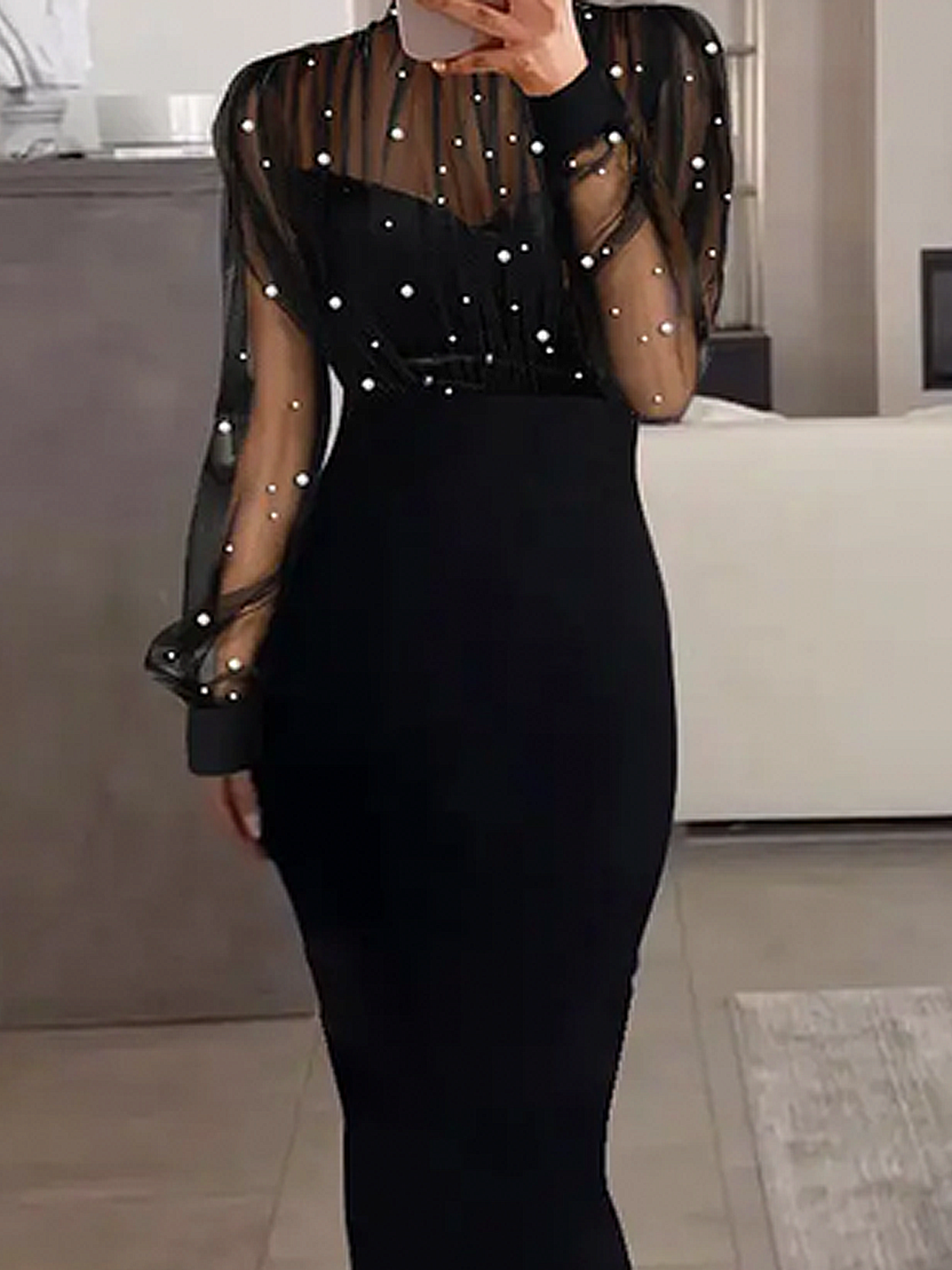 Elegant pearl embellished mesh Maxi dress