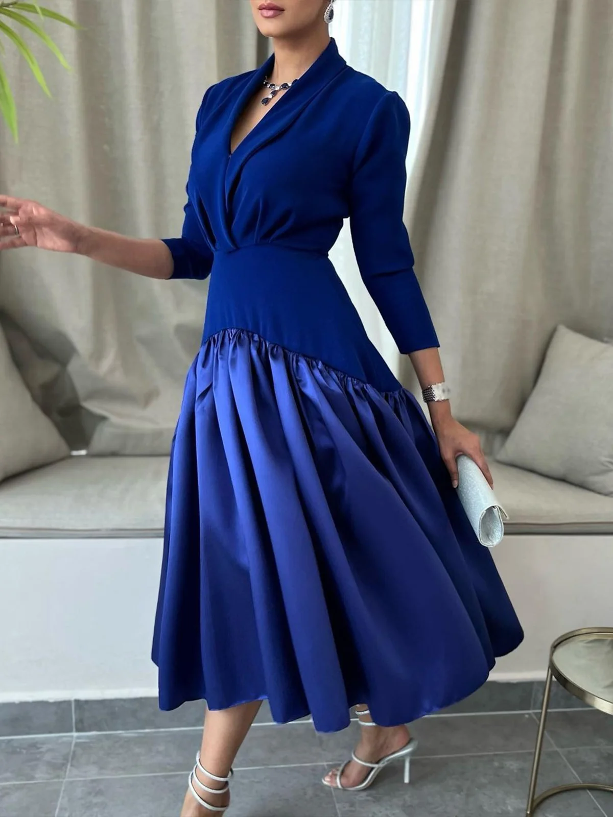 Elegant Split Joint Shawl Collar Regular Fit Party Midi Dress