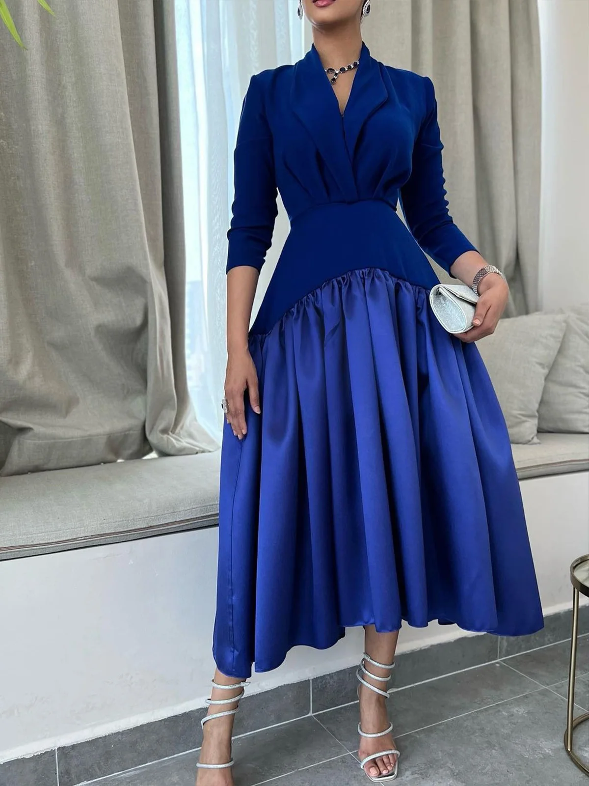 Elegant Split Joint Shawl Collar Regular Fit Party Midi Dress