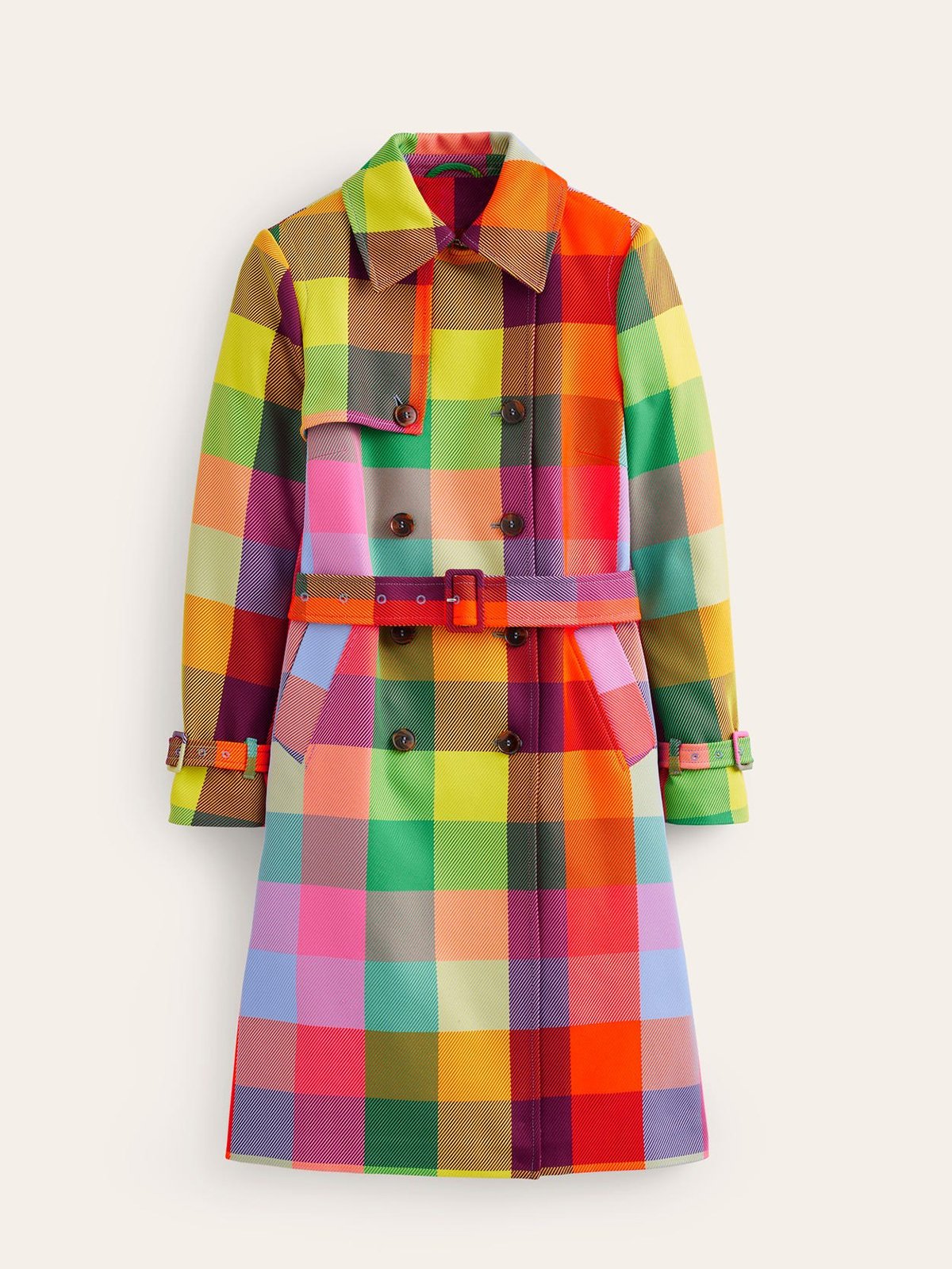 Color Plaid Urban Long Sleeve Trench Coat With Belt