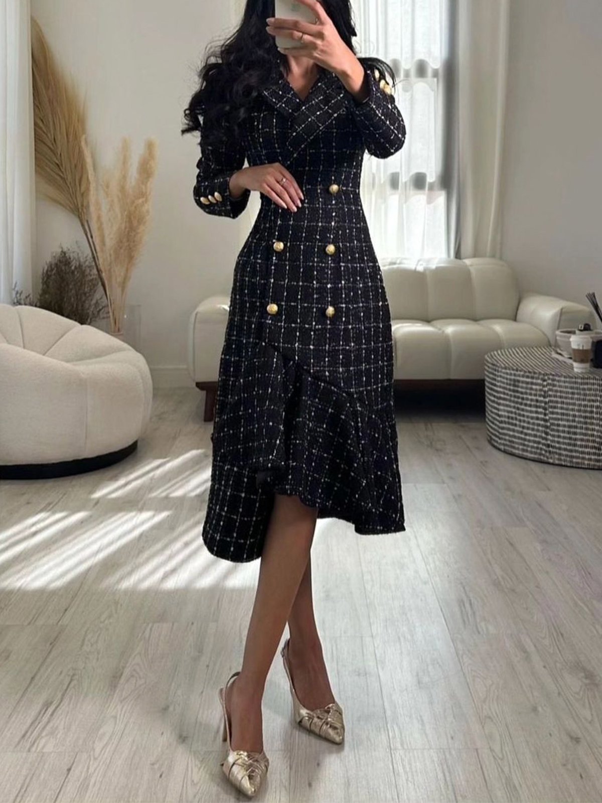 Regular Fit Plaid Elegant Long Sleeve Midi Dress