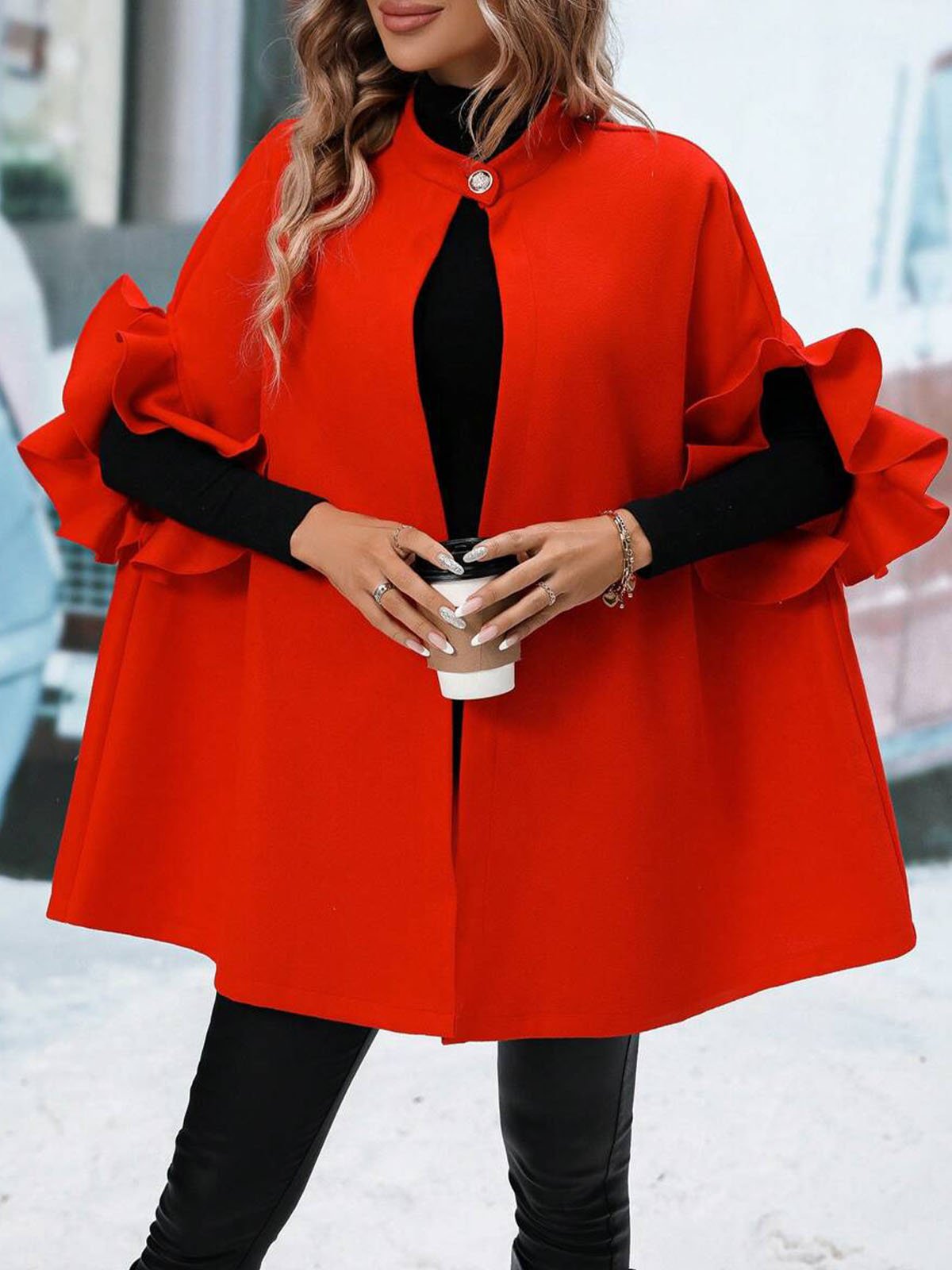 Elegant Ruffle Sleeve Stand Collar Peplum Cloak