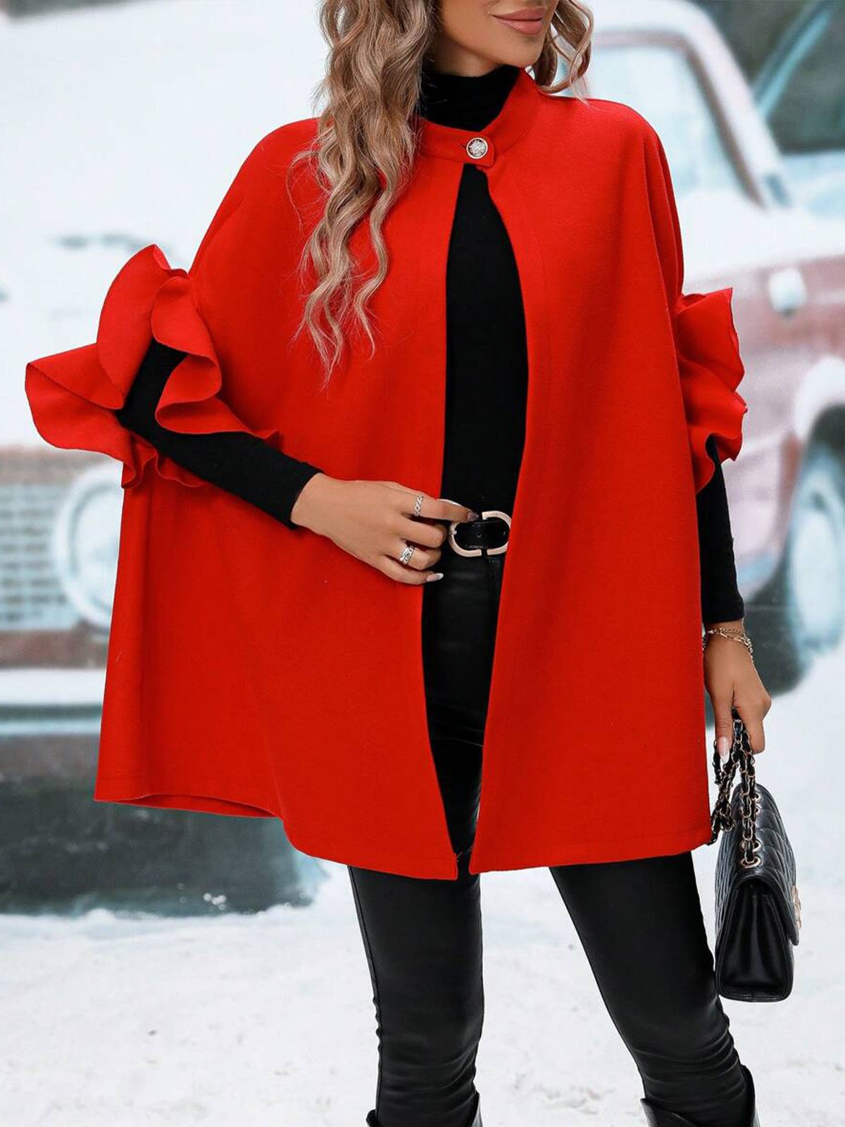 Elegant Ruffle Sleeve Stand Collar Peplum Cloak