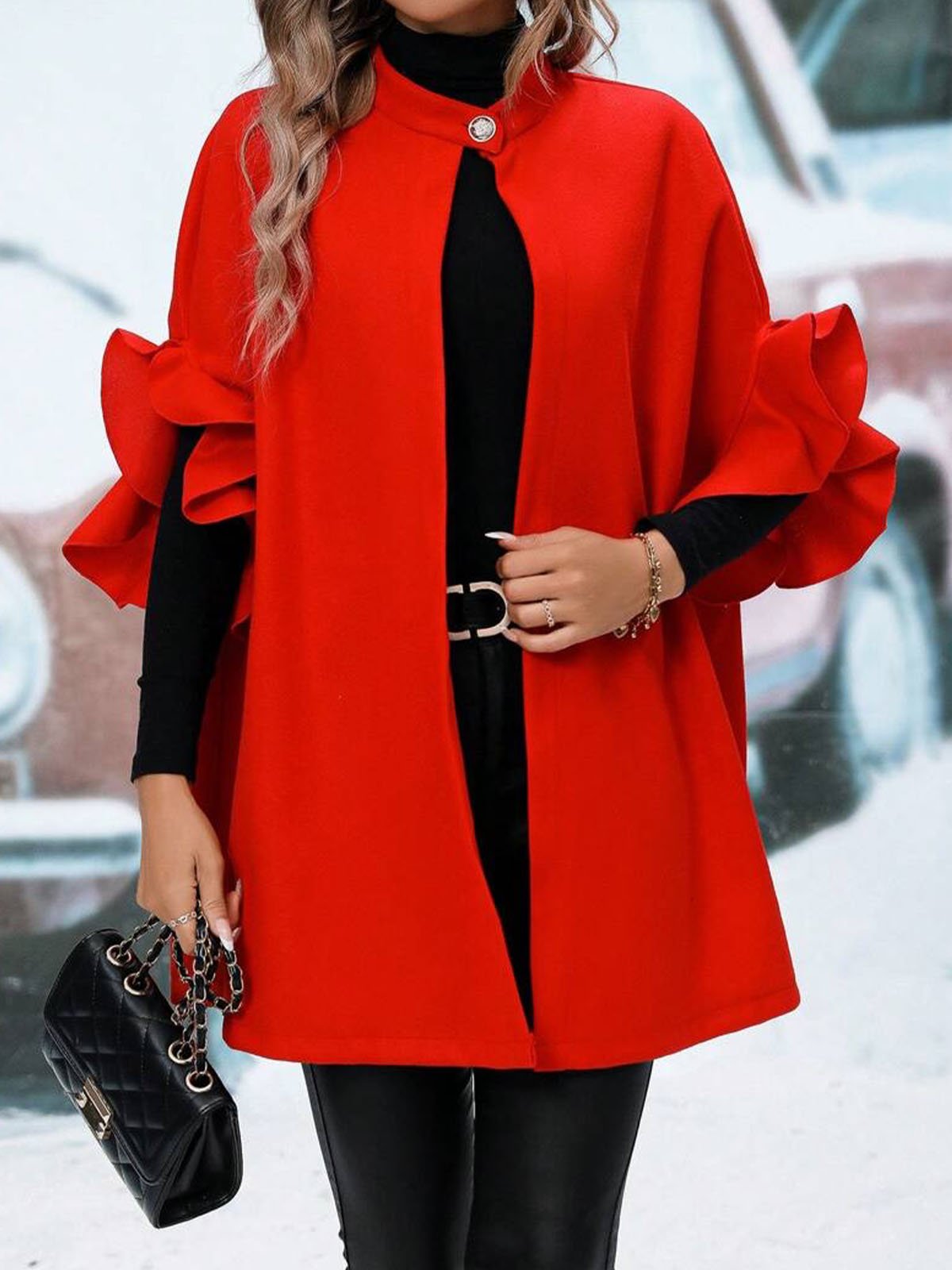 Elegant Ruffle Sleeve Stand Collar Peplum Cloak