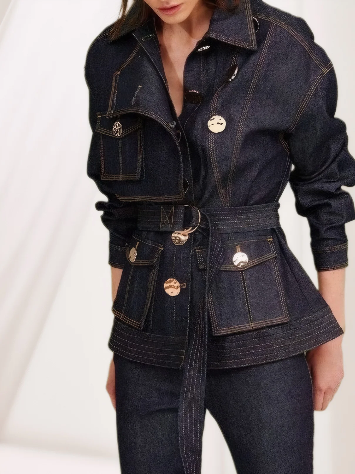 Regular Sleeve Plain Urban Denim Coat With Belt