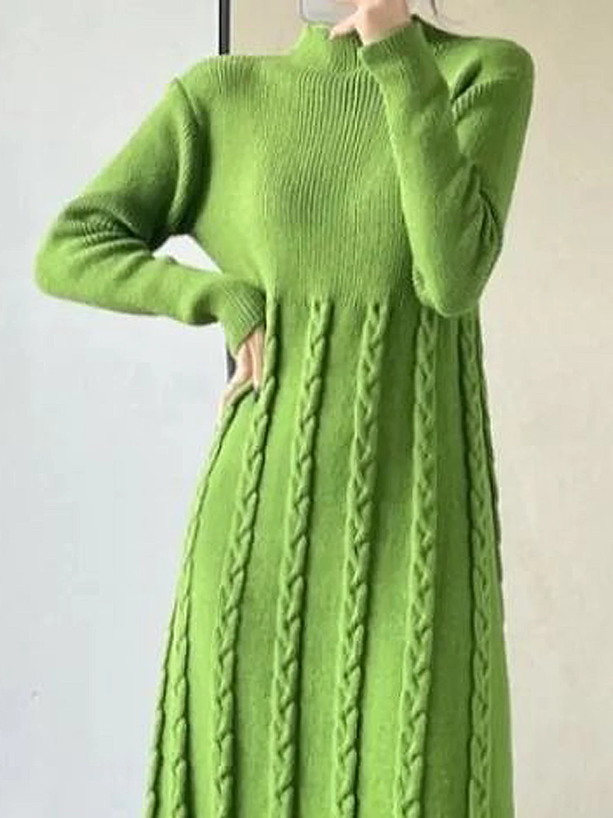 High Elasticity Regular Fit Elegant Regular Sleeve Stand Collar Long Sleeve Maxi Sweater Dress