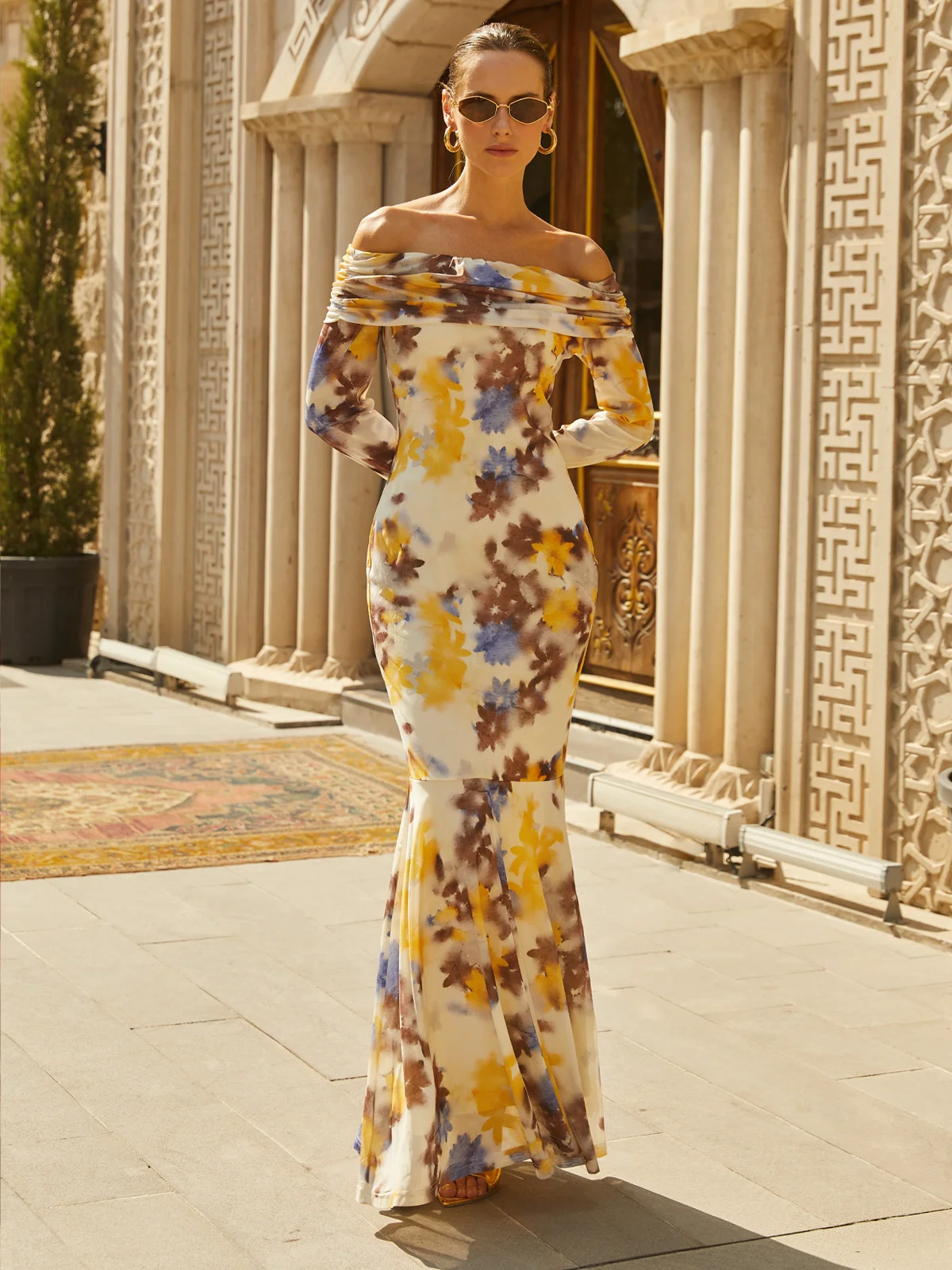 Off-Shoulder Floral Print Maxi Dress