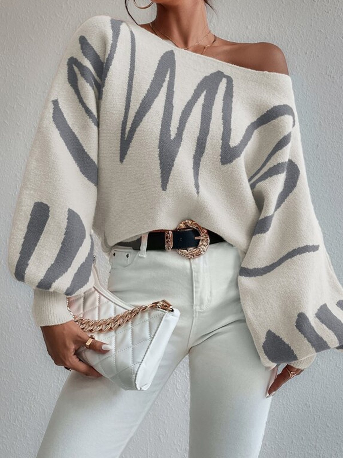 Abstract Stripes Balloon Sleeve Boat Neck Urban Sweater