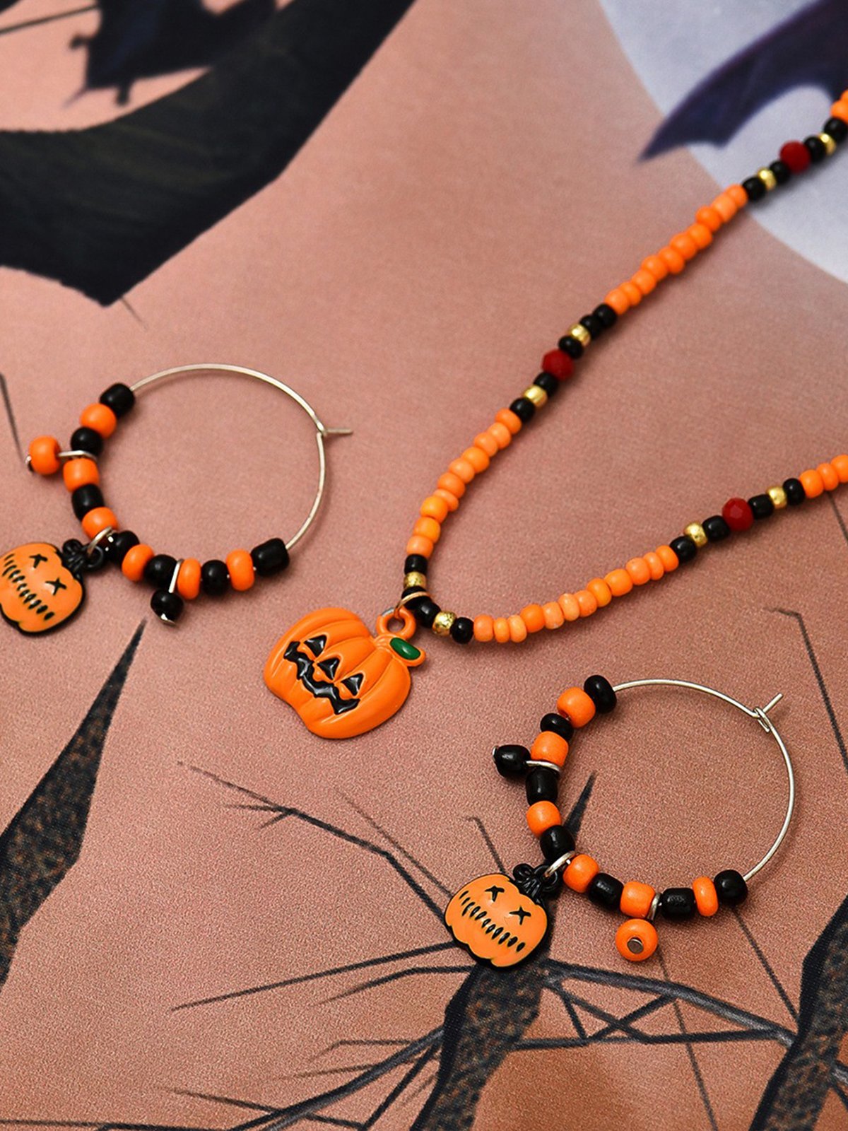 Halloween Pumpkin Pattern Dangle Chain Necklaces Set